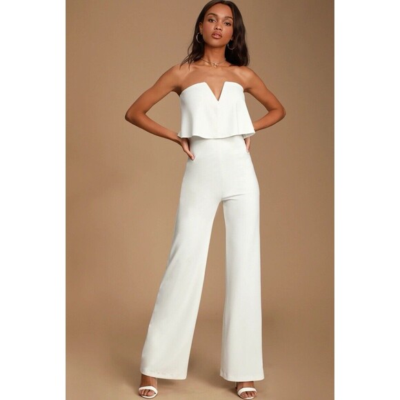 Lulus Jumpsuit M White Power of Love Strapless Wide Leg Feminine Night Out - Picture 1 of 11